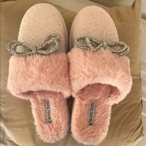 Gianni Bini Pink Plush Slippers with Rhinestone Bow